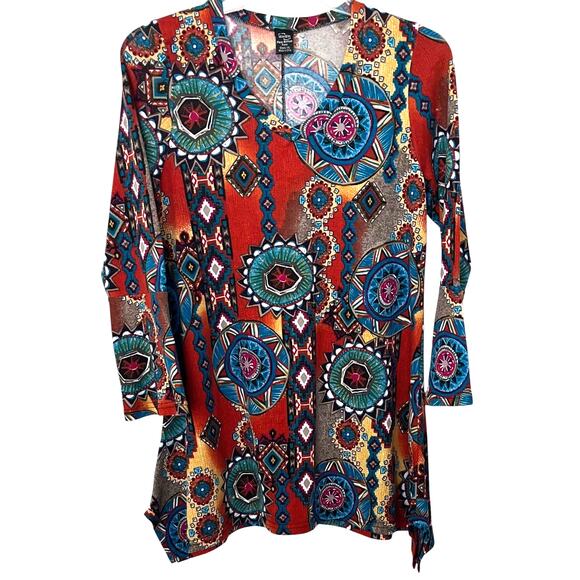 WIN WIN LONG SLV V-NECK FLARE BOTTOM TUNIC, WOMENS, L-XL, MULTICOLORS, ABSTRACT - Picture 1 of 12